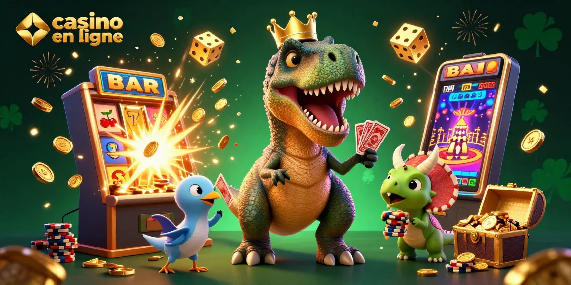 Succès dans un casino en ligne avec un T-Rex jouant aux cartes et un triceratops empilant des jetons d'or.