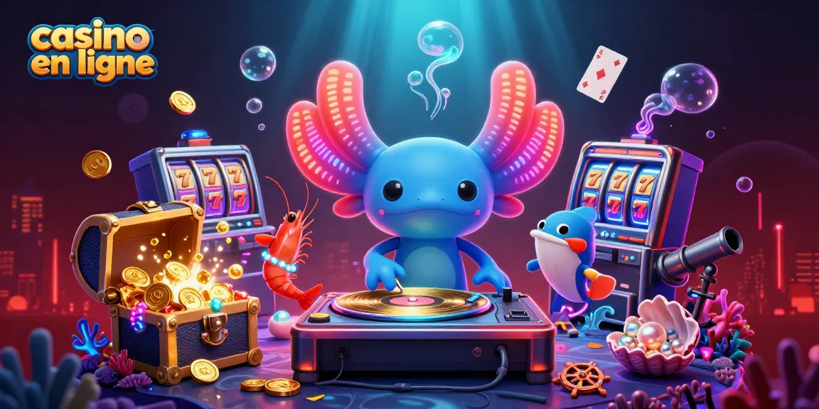 Casino en ligne illustré avec un DJ axolotl féérique et des éléments de jeu sous-marins.