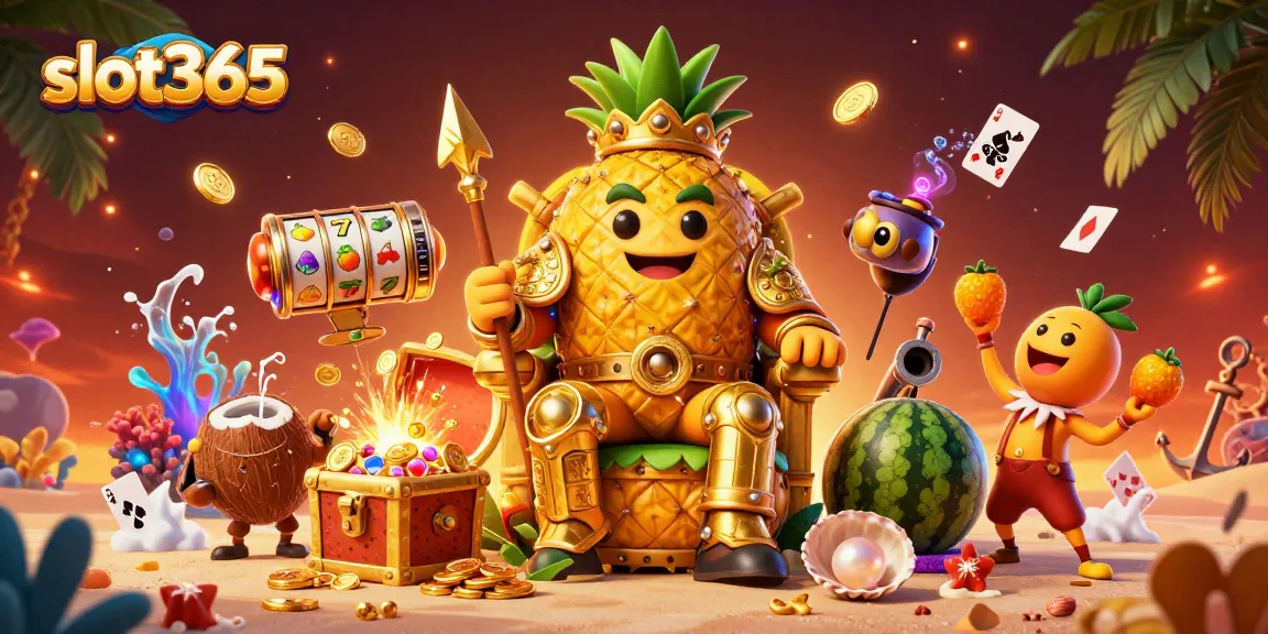 Experience the excitement at slot365 with a vibrant 3D casino scene full of treasures and game elements.