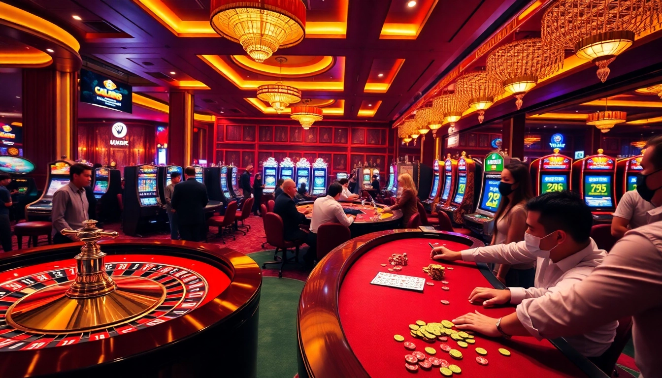 Scène excitante au meilleure casino en ligne montrant des joueurs profitant de jeux d'argent avec la roulette, des cartes et des machines à sous vibrantes.