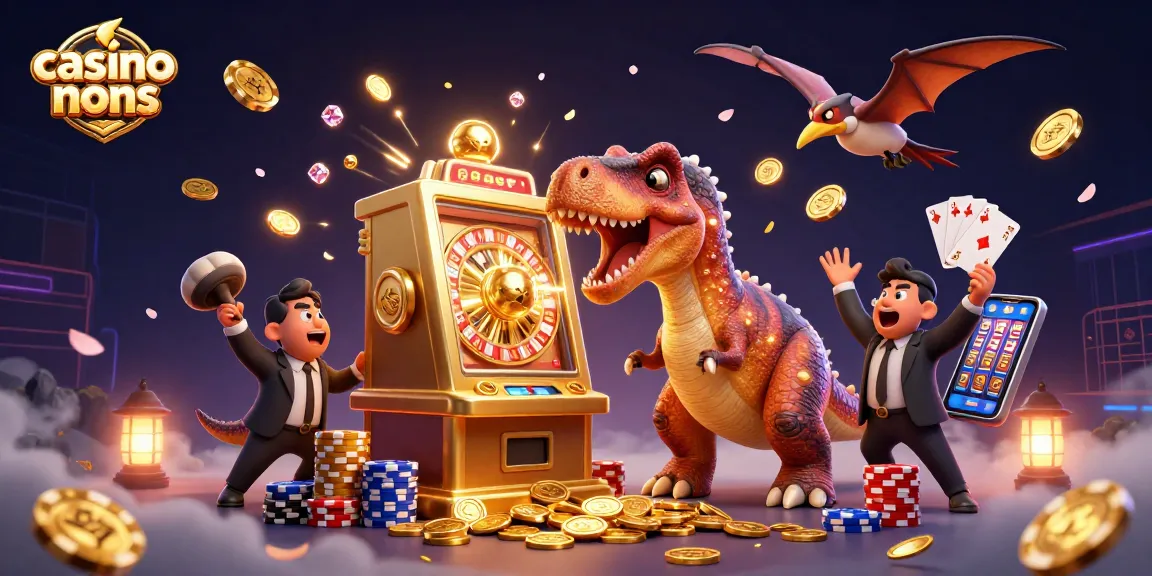 Casinò non AAMS: un pachicefalosauro fa payout alla slot mentre un ankilosauro gestisce il casinò.