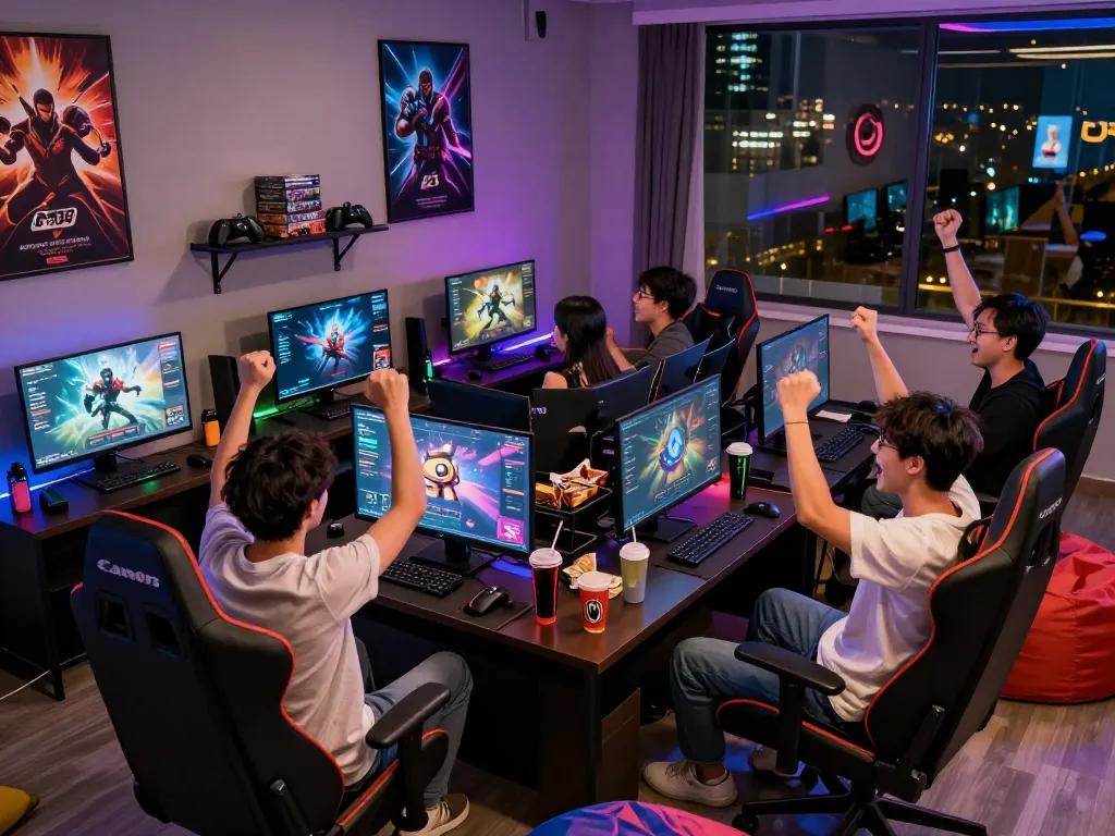 Friends enthusiastically engaging with the Go88 platform in a vibrant gaming lounge.