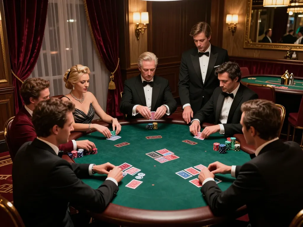 Players engage in a high-stakes poker game at a luxury casino table, showcasing rokok 88 ambiance and excitement.