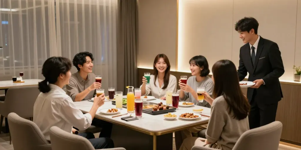 강남구구단 쩜오에서 친구들이 즐겁게 대화하고 있는 모습과 현대적인 인테리어