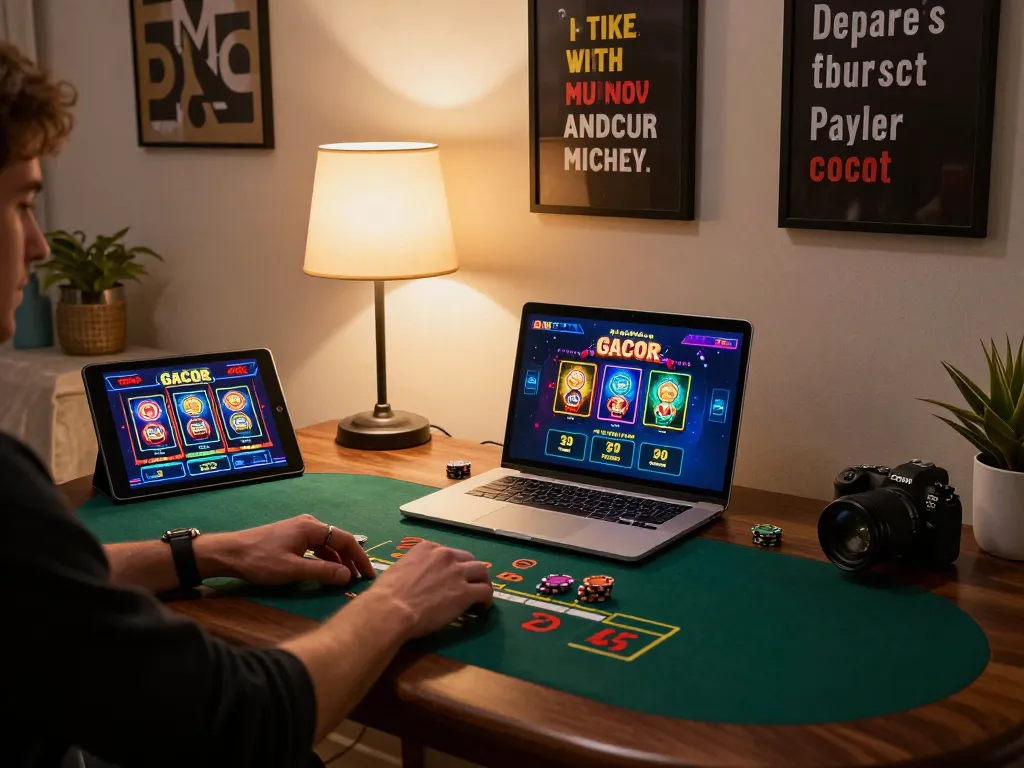 Pemain menikmati permainan slot gacor selama sesi permainan online di rumah.