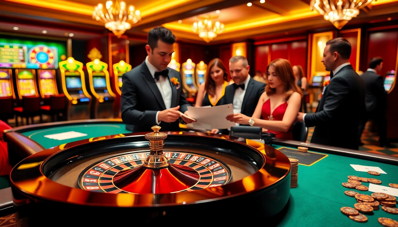 Découvrez l'excitation du meilleure casino en ligne alors que les joueurs s'engagent à une table de roulette élégante.