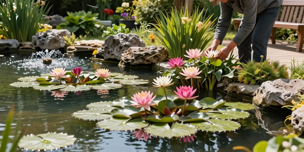 Water lilies blooming in a serene garden pond with a gardener tending to the plants.