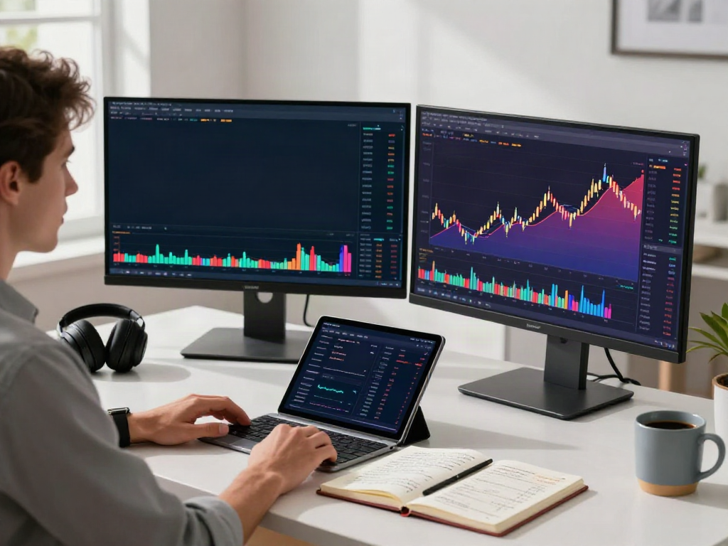 Focused trader analyzing TradingView charts on dual monitors in a stylish home office.
