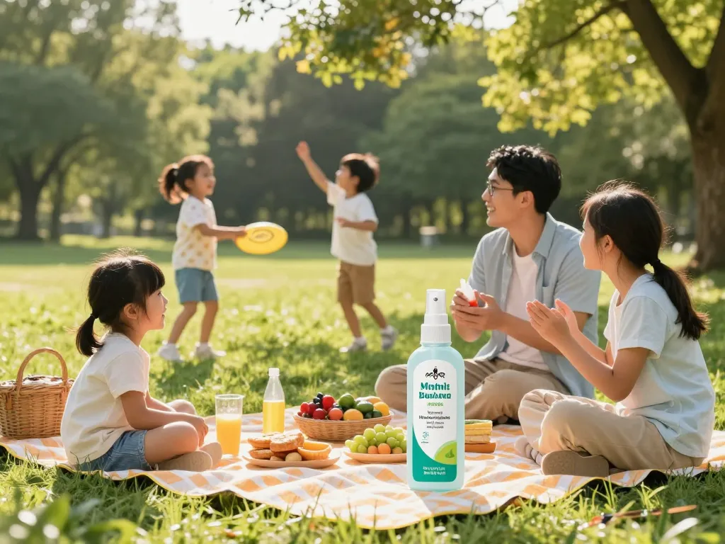 Family enjoying a picnic outdoors while applying mosquito repellent to stay protected from bites.