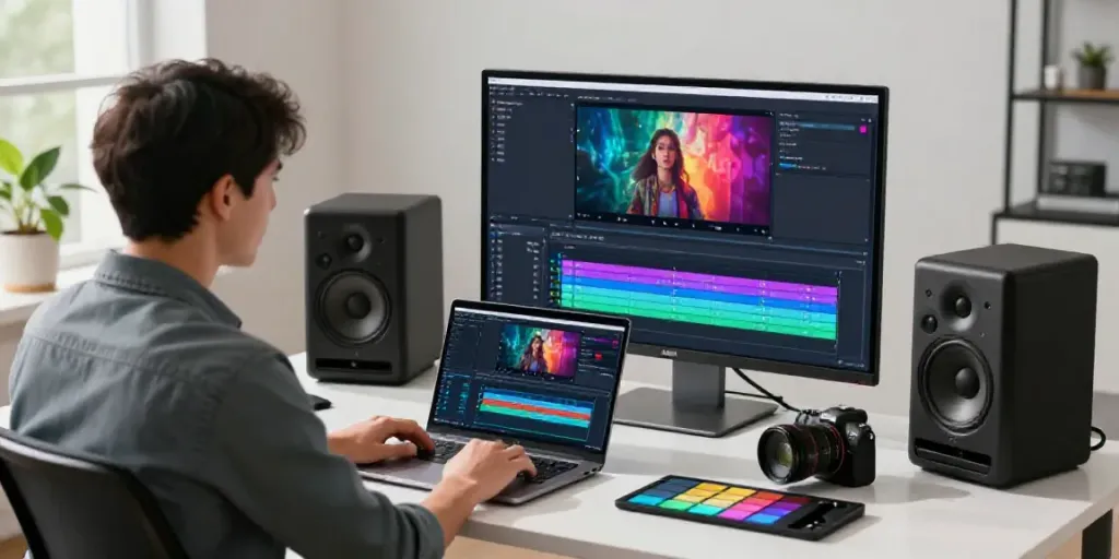 Learn how to use an AI text to video generator in a vibrant digital workspace.