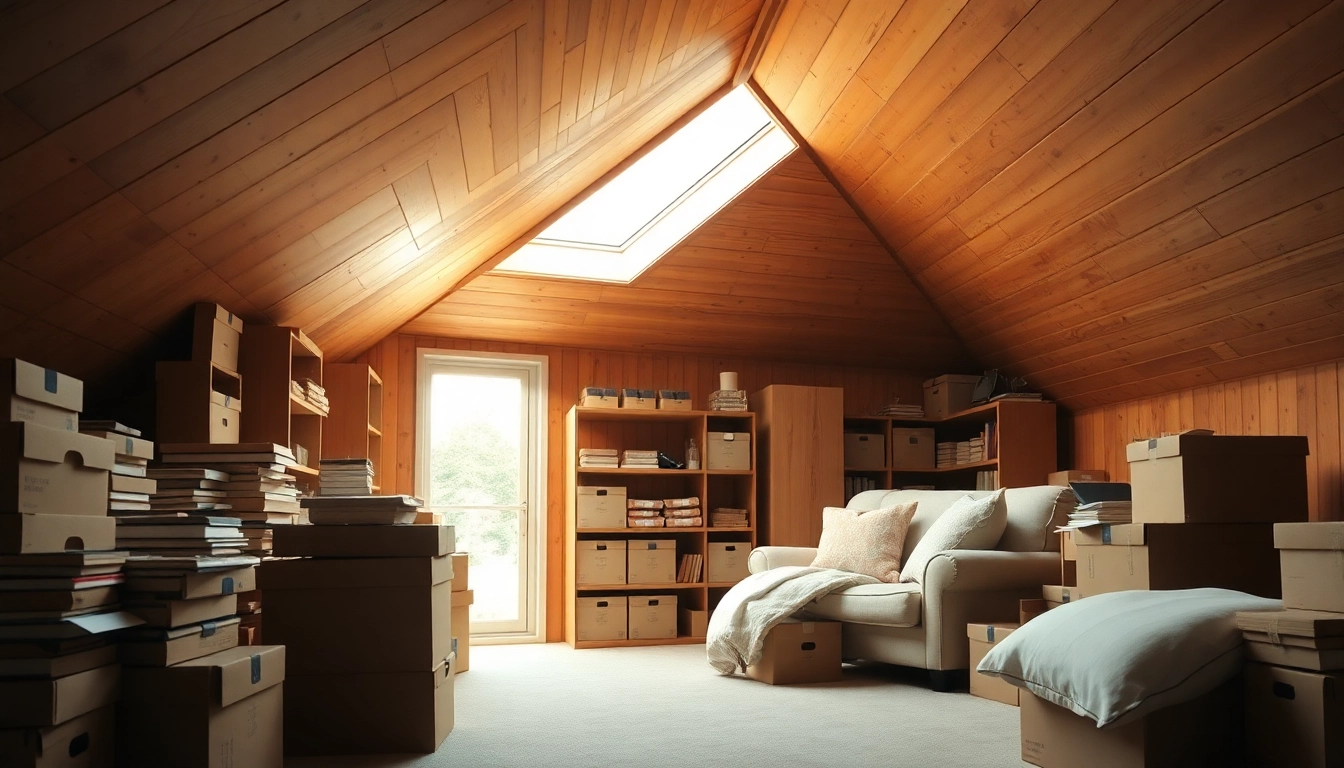 Organized attics showcasing efficient storage solutions with natural lighting and cozy seating.