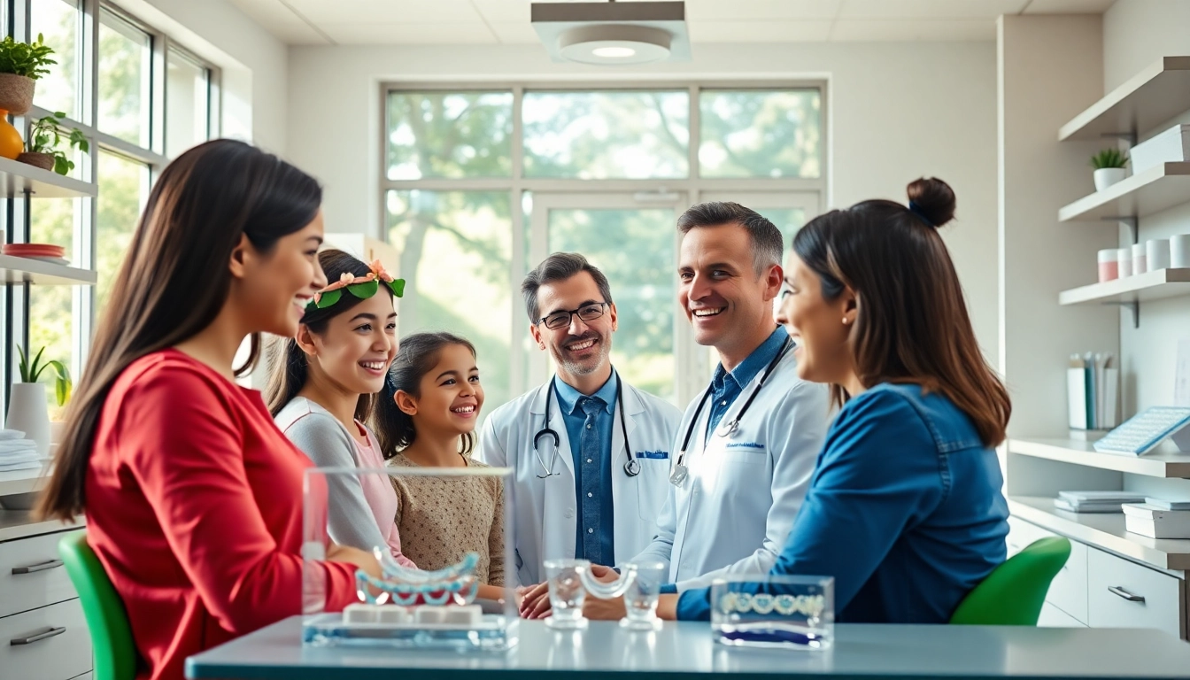 Orthodontics office showcasing a friendly orthodontist engaging with patients and colorful tools.