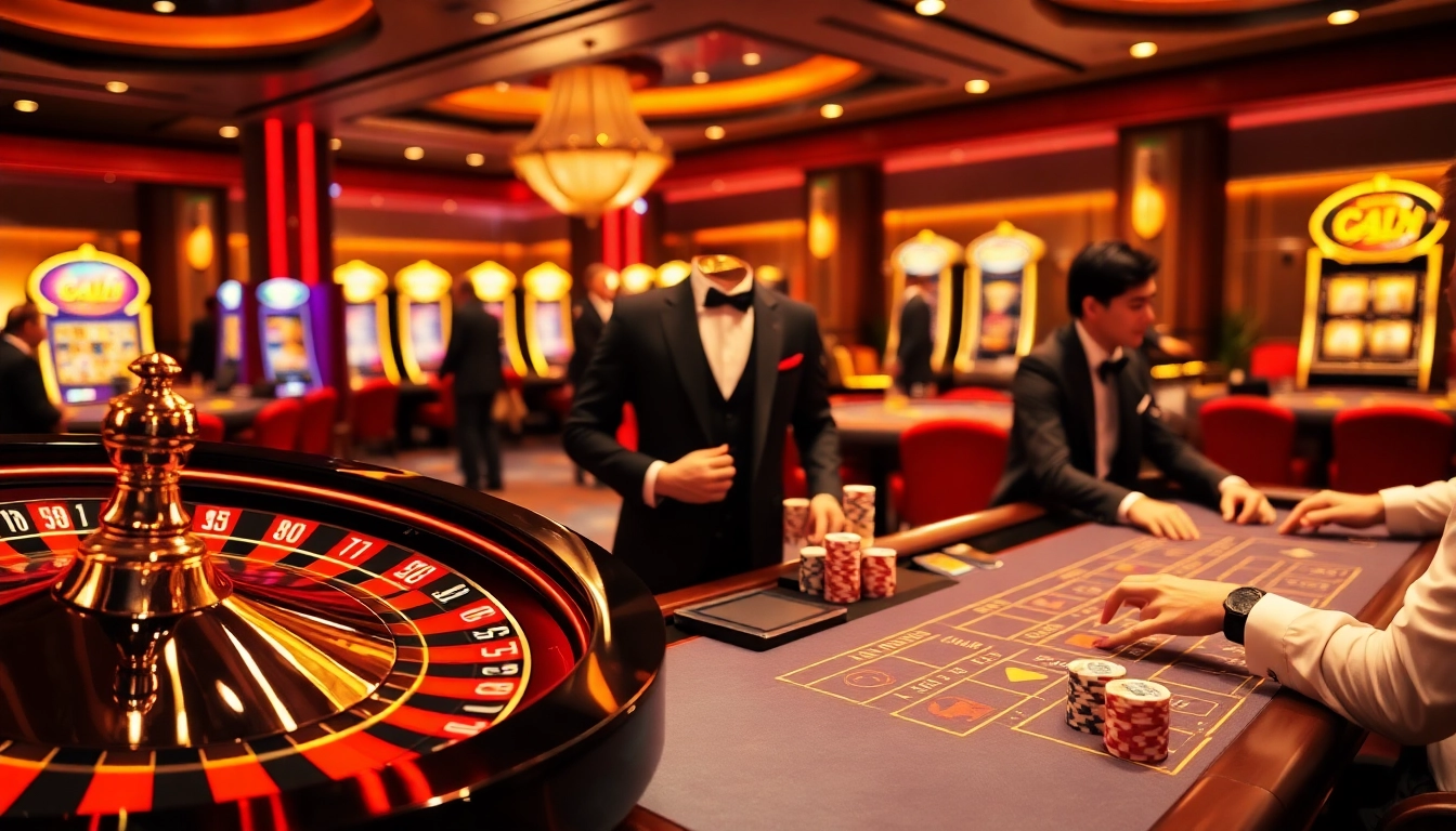 Experience the thrill of betting at https://gg88.gold/ with a luxurious casino scene featuring roulette and poker.