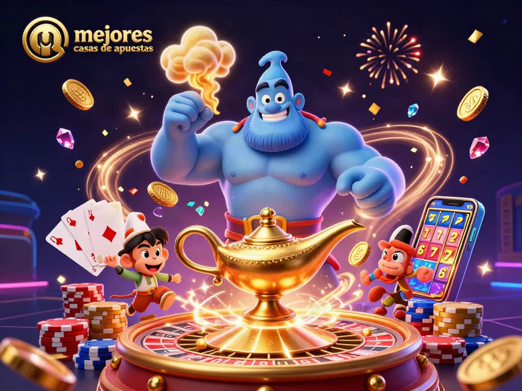 Ilustración 3D de un genio y un mono en un tapiz volador, simbolizando las mejores casas de apuestas.