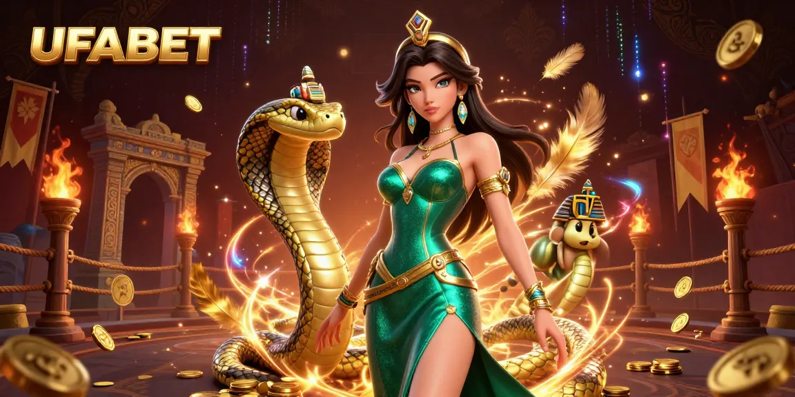 UFABET showcases an alluring casino scene with a mystical woman, golden cobra, and vibrant betting elements.