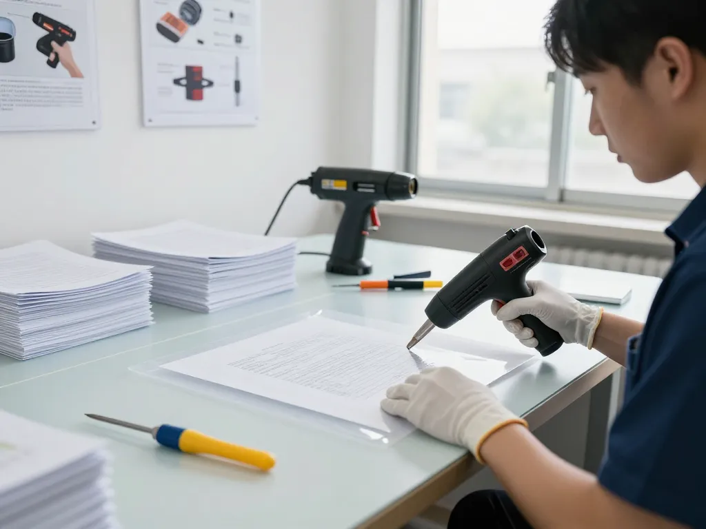 Bóc giấy ép uy tín hà nội service technician safely handling plastic-laminated document in a bright workshop.