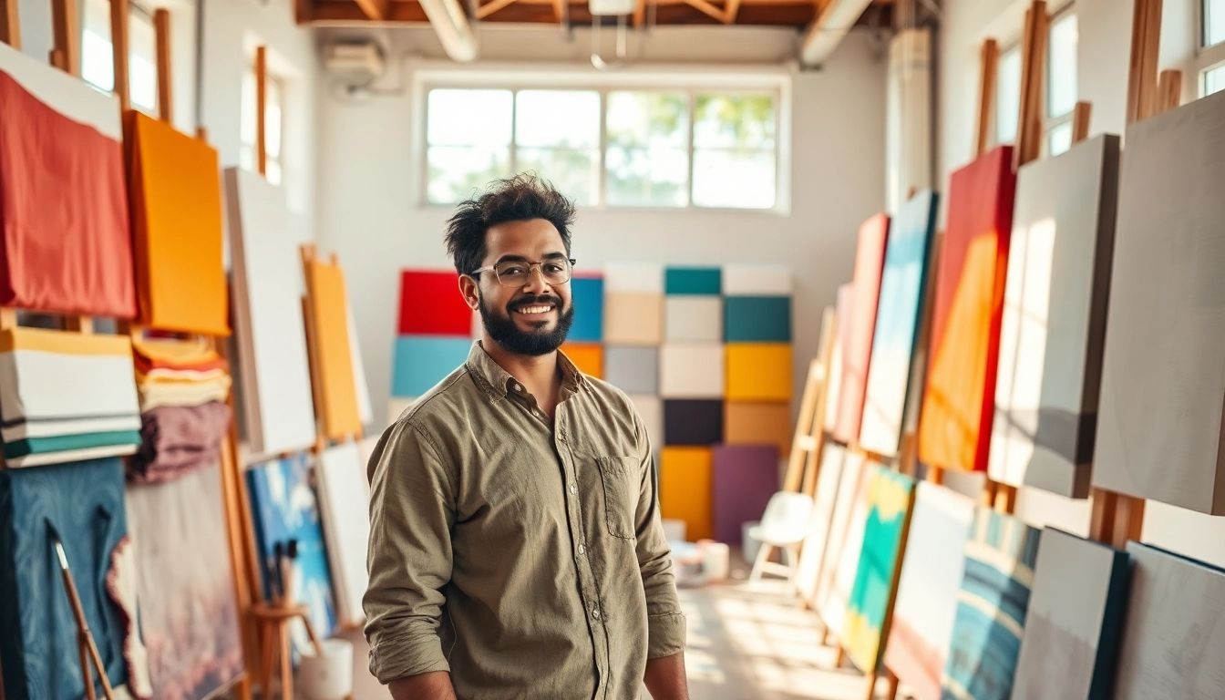 Canvas kopen: Een levendige collectie canvas stoffen in een creatieve studio.