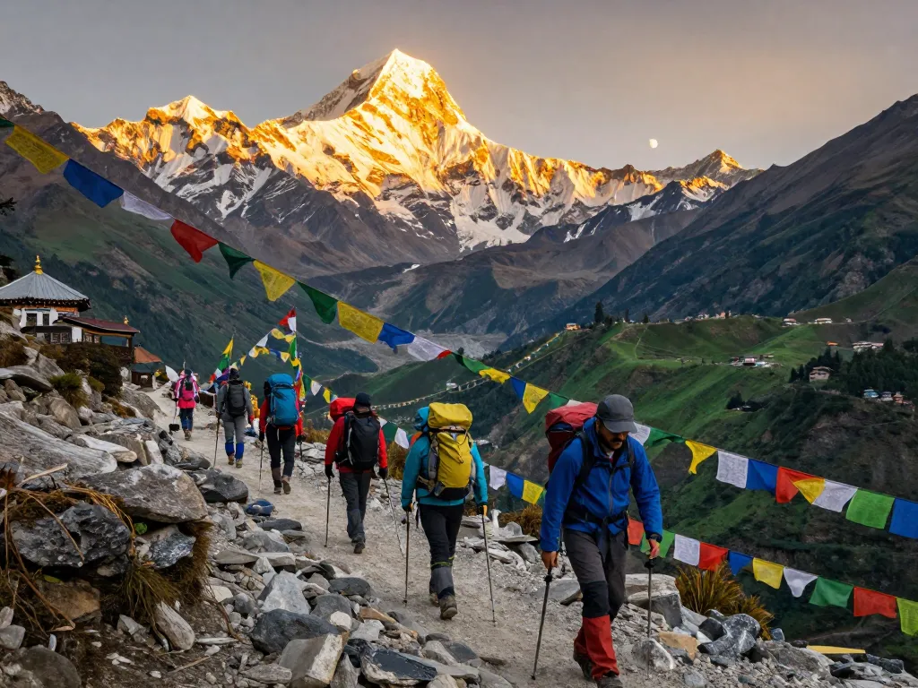 Exciting Annapurna Circuit Trek with hikers on rocky trail surrounded by majestic mountains and vibrant prayer flags