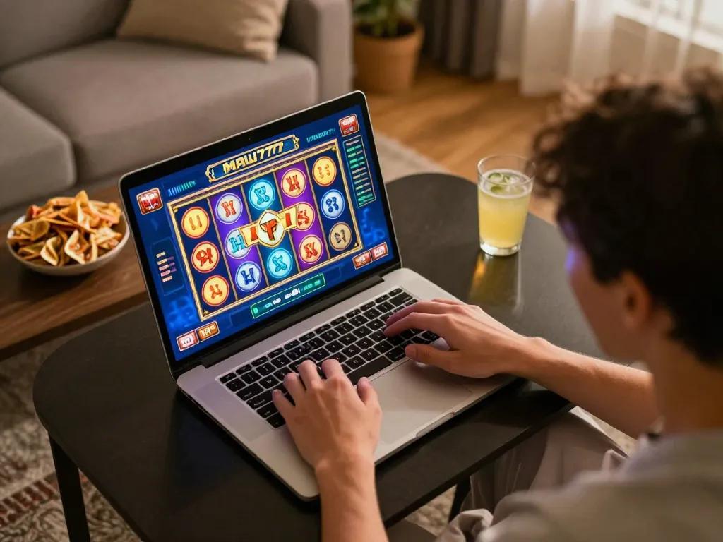 Berpartisipasi dalam permainan slot online dengan MAU777 daftar di laptop, menyoroti kegembiraan bermain di rumah.
