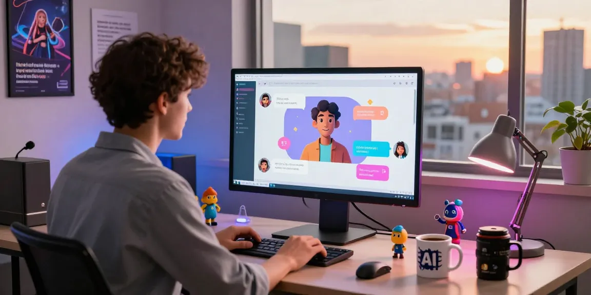 Engaging crushon ai chat scene with user and vibrant AI character in a modern workspace.