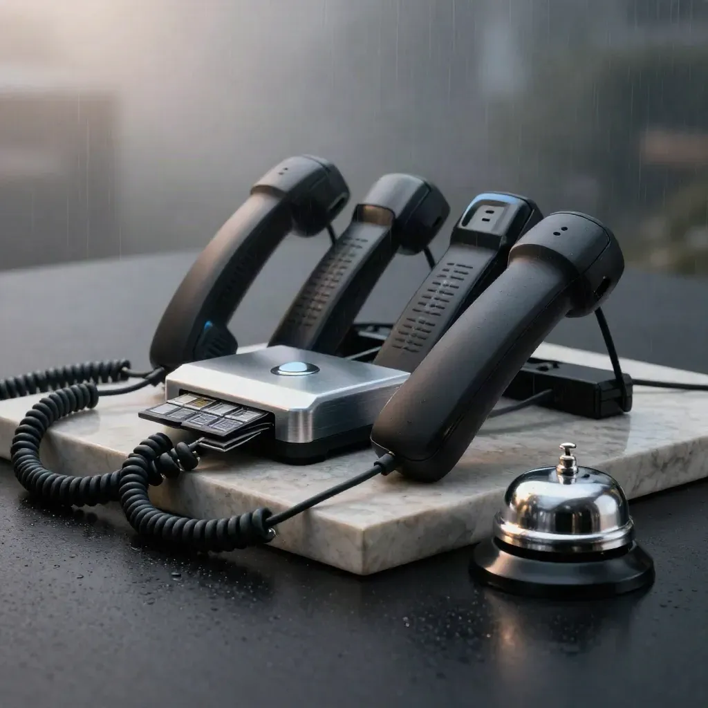 Four matte-black business handsets around an aluminum hub on stone, lit dramatically in a smoky studio.