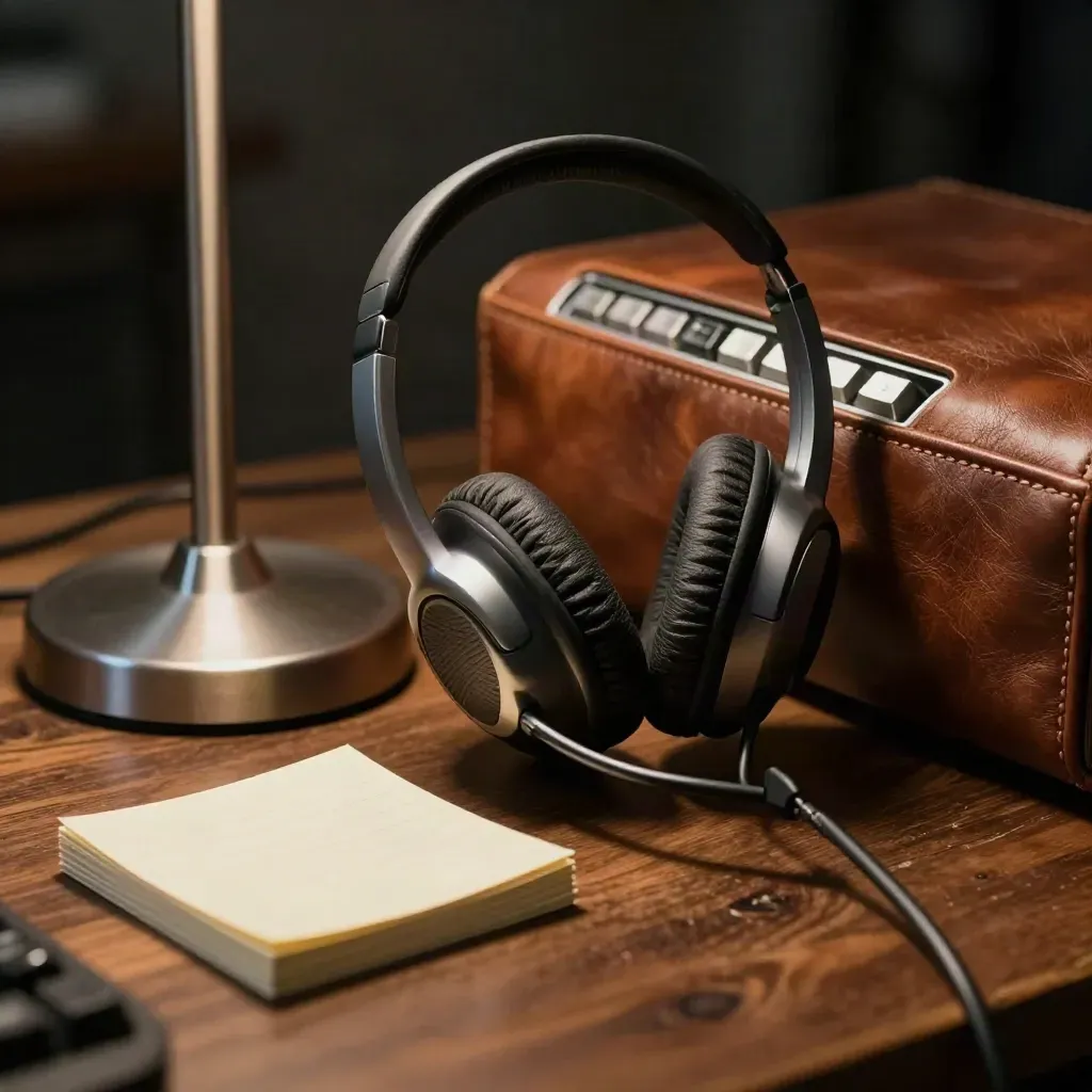 Rugged headset, lamp base, and cream note cards on walnut in a moody support desk still life.