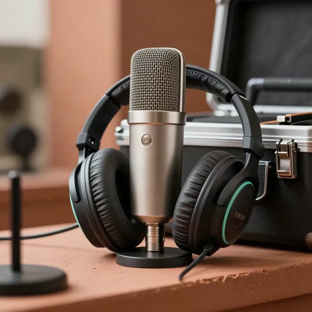 Podcast mic, headphones, and recorder case on terracotta ledge with dark bokeh.