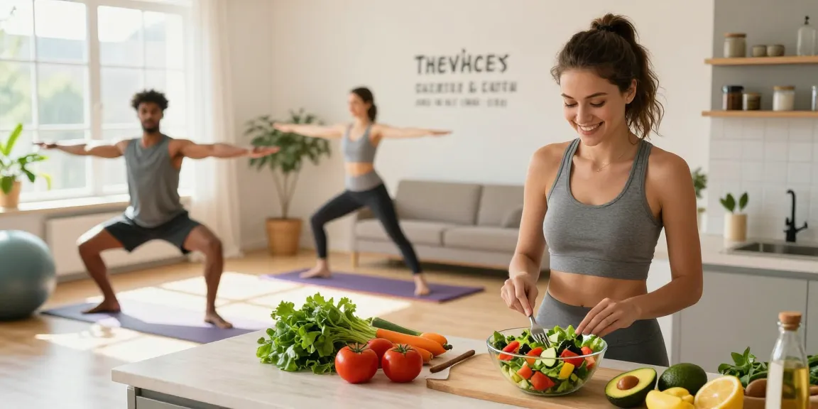 Individuals embracing a healthy lifestyle with rokok88 slot login focus, preparing fresh salad and exercising in a bright room.