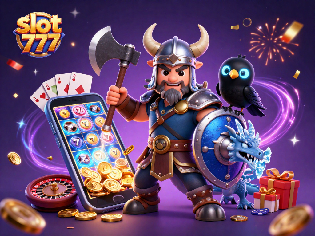 Slot 777 menghadirkan pengalaman menarik dengan karakter Viking dan elemen permainan slot online seperti koin emas dan kartu.