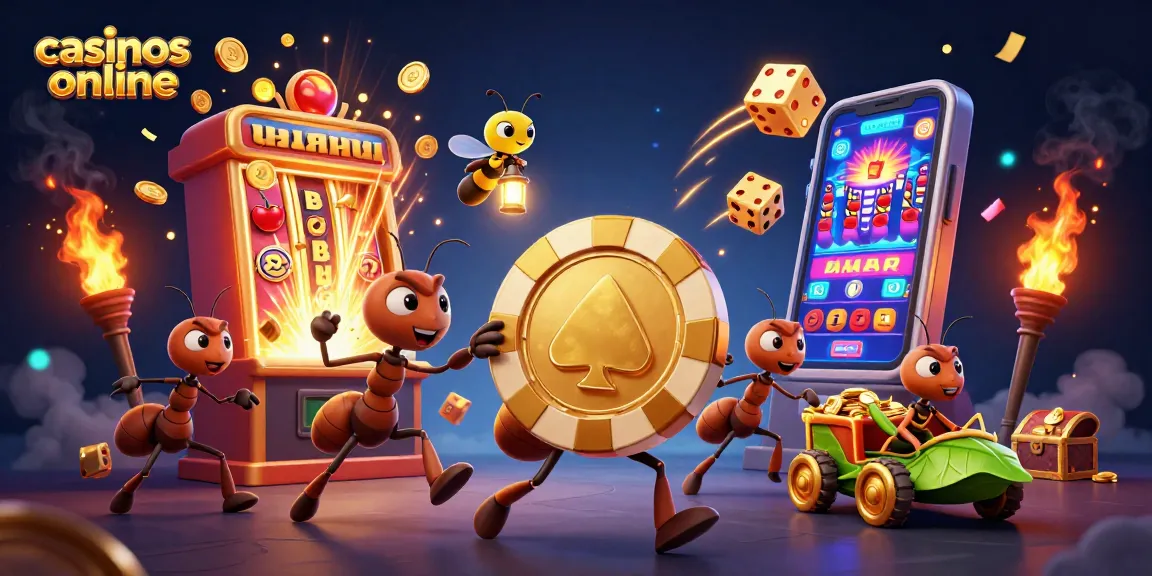 Disfruta de casinos online con una ilustración divertida de hormigas robando un chip de póker dorado.