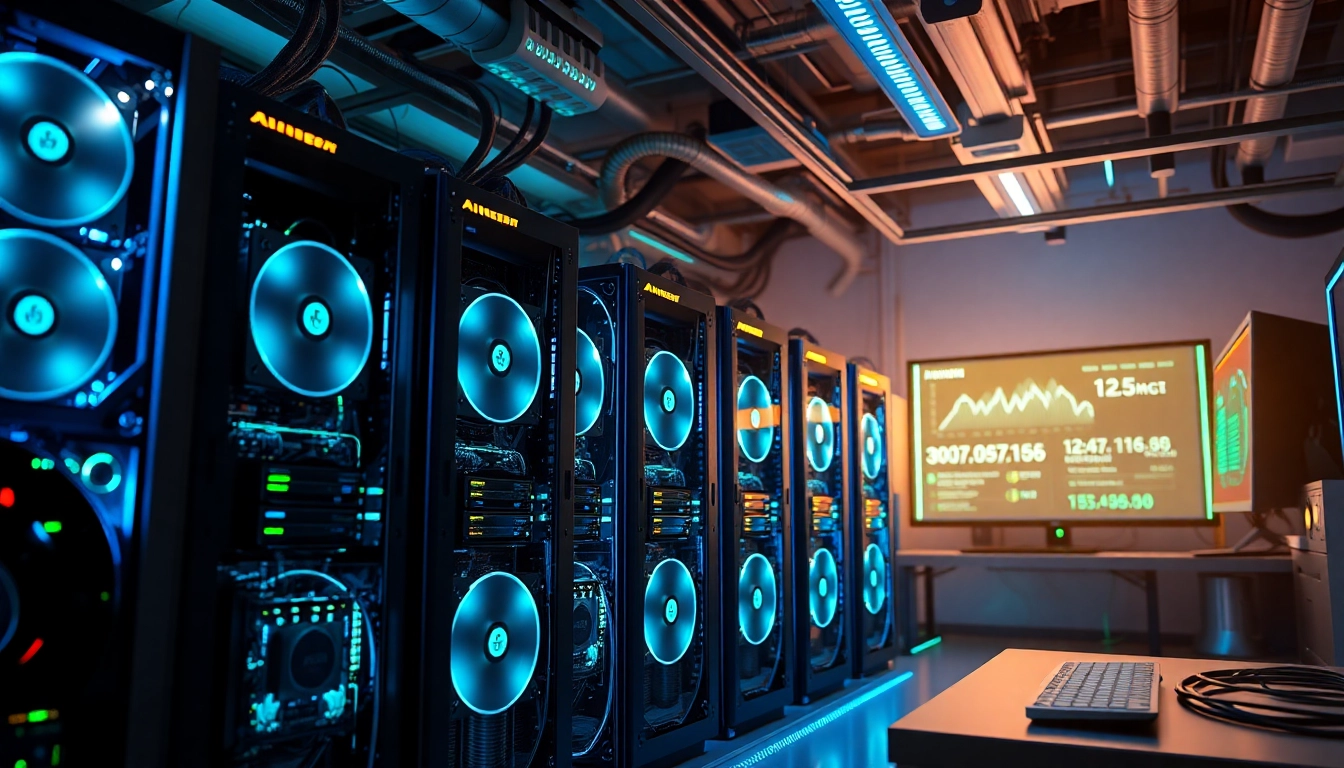 Modern cryptocurrency mining setup showcasing the best crypto mining site with high-performance rigs and digital stats.