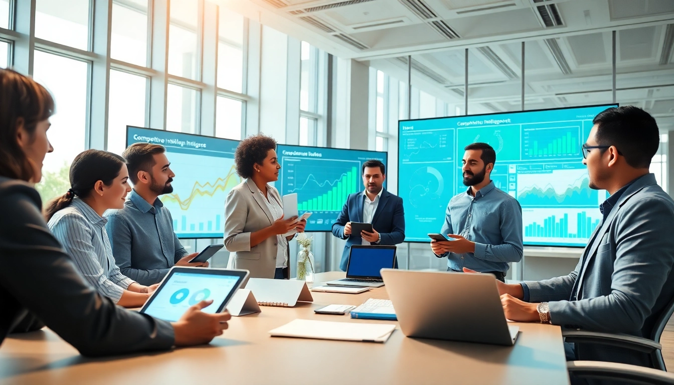 Showcase of competitive intelligence analysis by data analysts in a modern office setting.