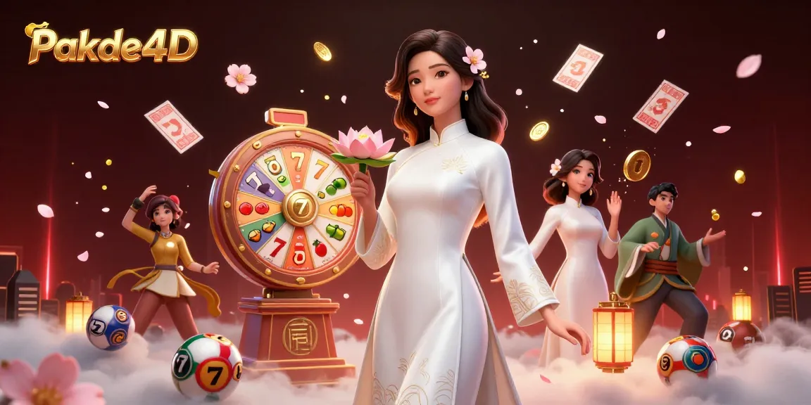 Experience the thrills of Pakde4D lottery with vibrant visuals of a serene woman holding a golden coin amidst colorful gambling elements.