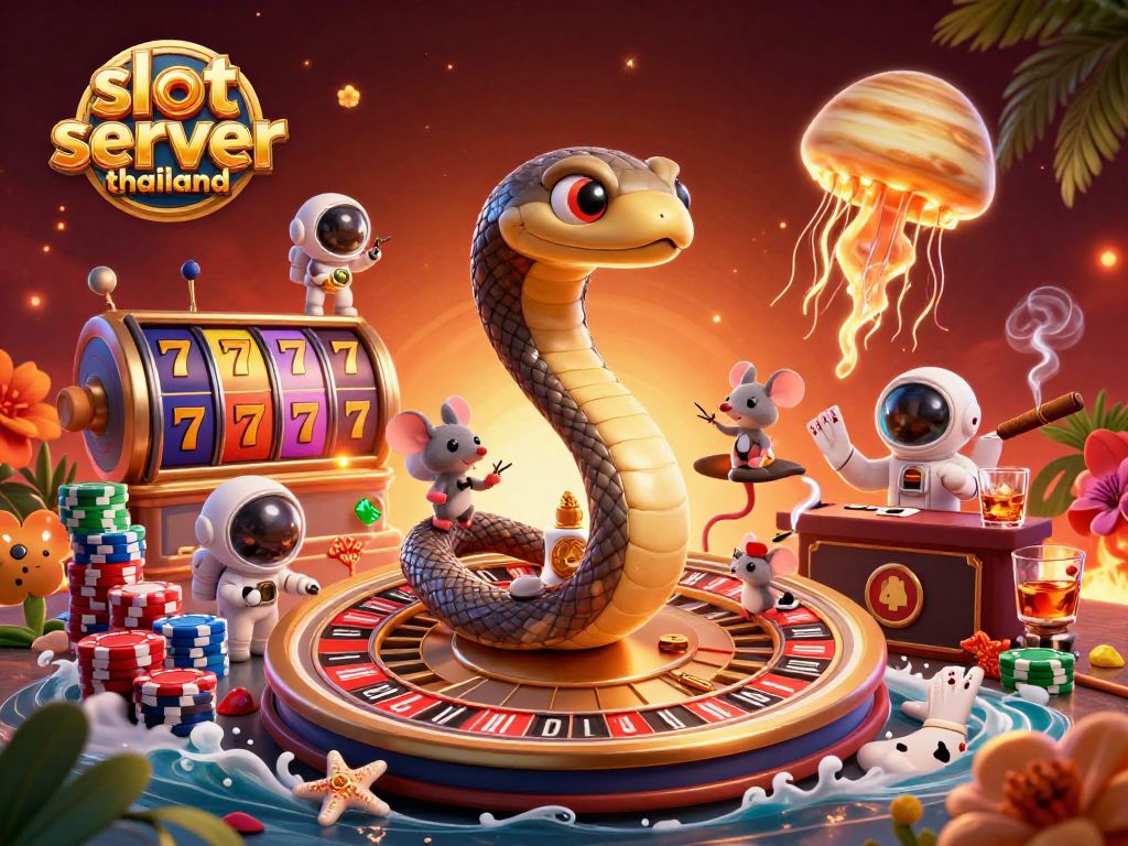 Experience the thrill of slot server Thailand with a cosmic casino illustration featuring dynamic gaming elements.