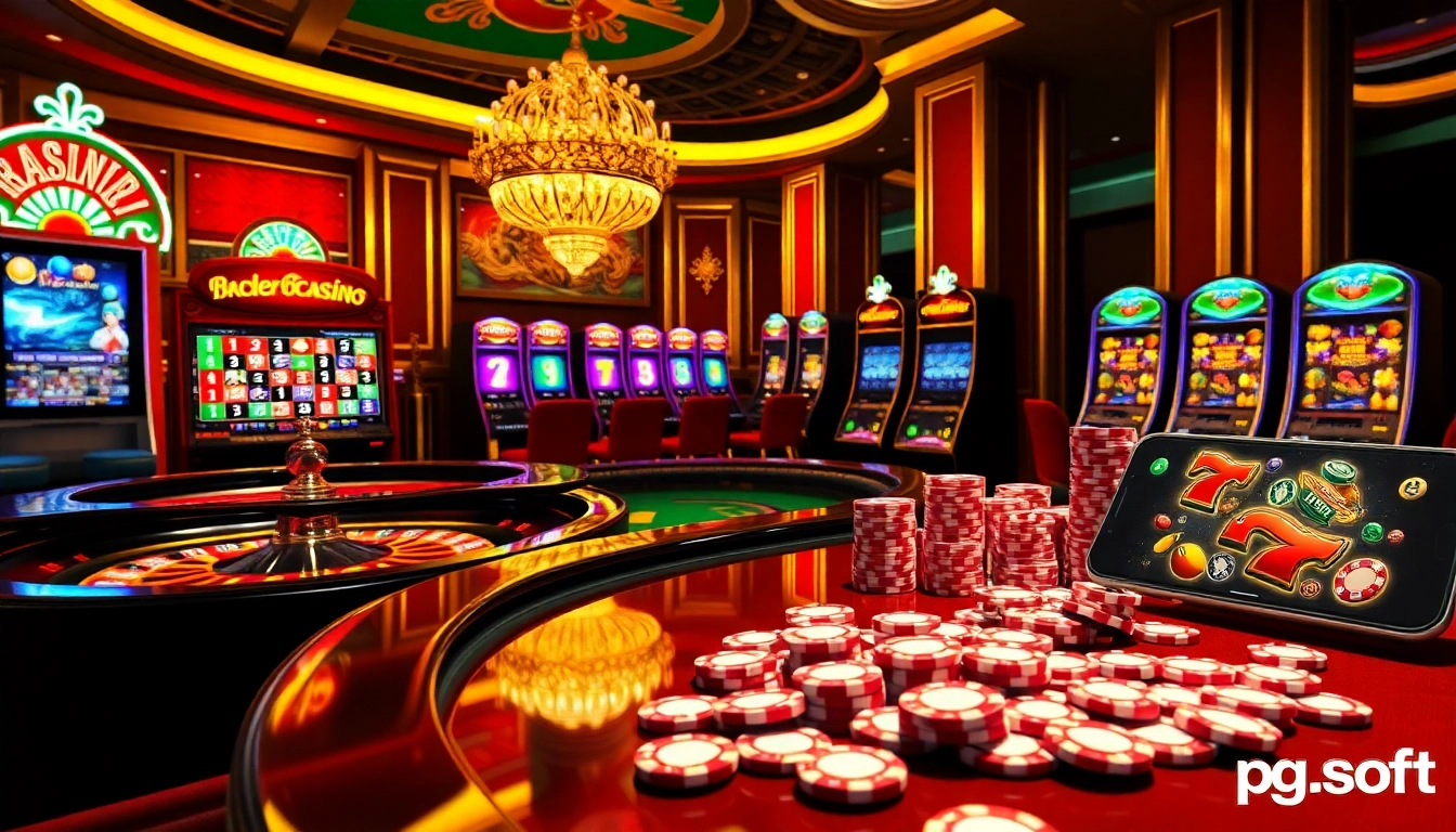 Experience thrilling gaming action with pg soft mobile games in a luxurious casino setting.