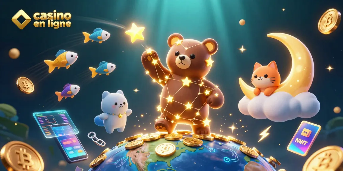 Plongez dans l'univers captivant de casino en ligne avec des étoiles dorées, des pièces brillantes et des personnages féeriques.