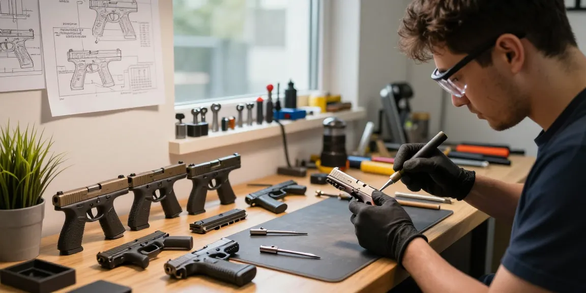 Gunsmith working on Glock slides at https://precisionglockslides.com in well-lit workshop.