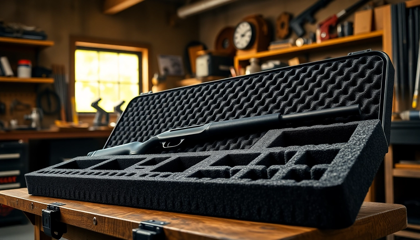 Showcase of foam for rifle case with compartments in a bright workshop setting.