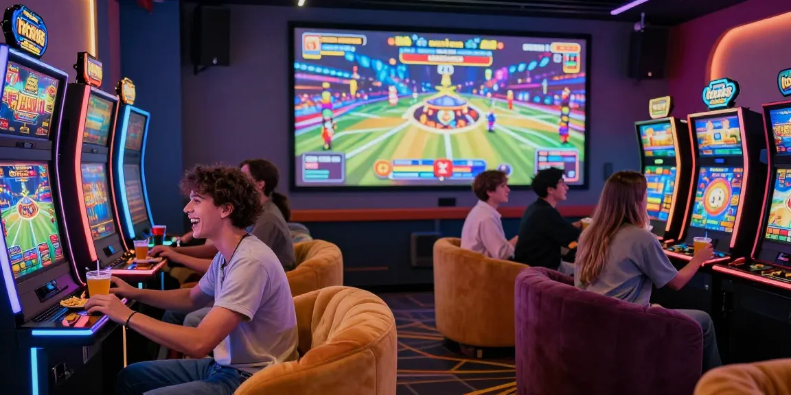Engaging scene of friends enjoying rokok88 slot machines in a modern gaming lounge.