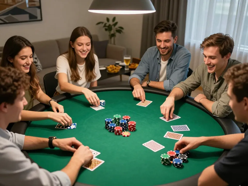 Friends enjoying a poker game at home, showcasing FAFA 828 moments filled with excitement.