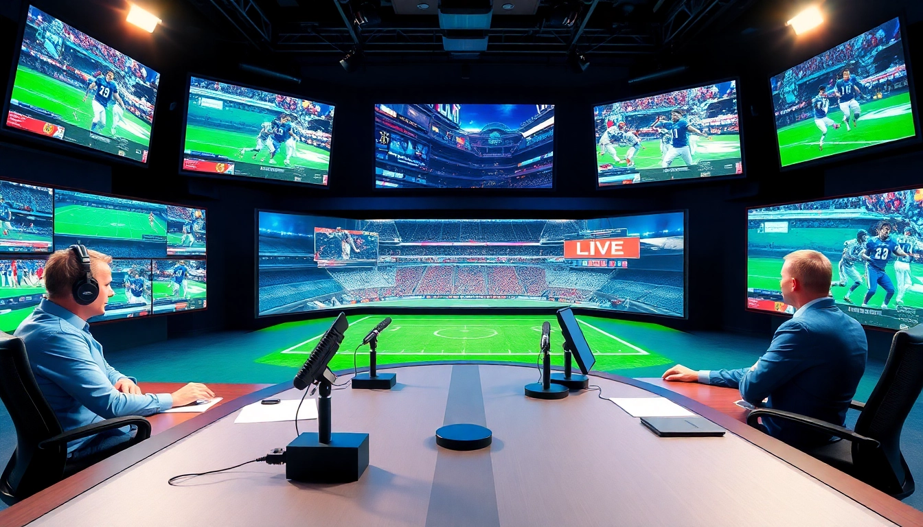 Engaging sports broadcasting studio with commentators and live event screens.