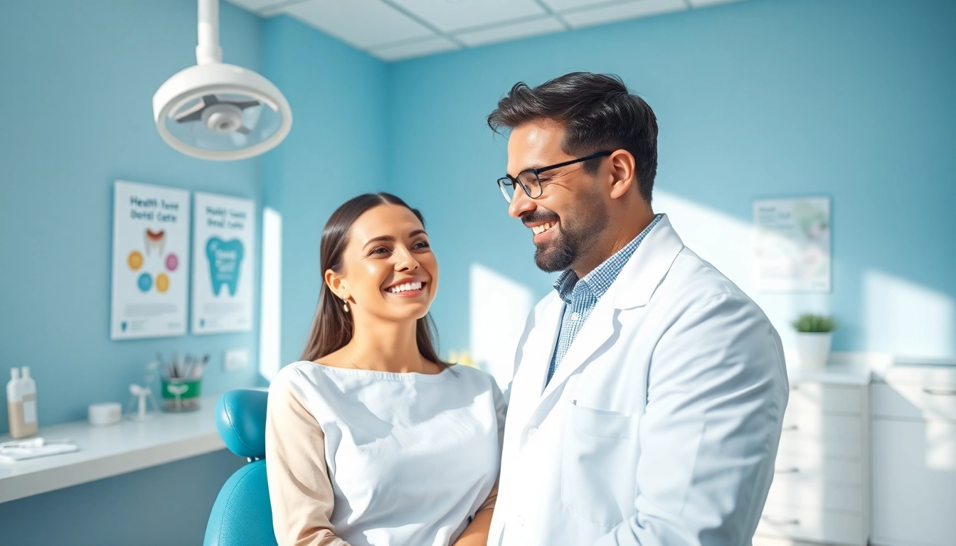 Dentist engaging pleasantly with a patient in a bright and modern dental clinic