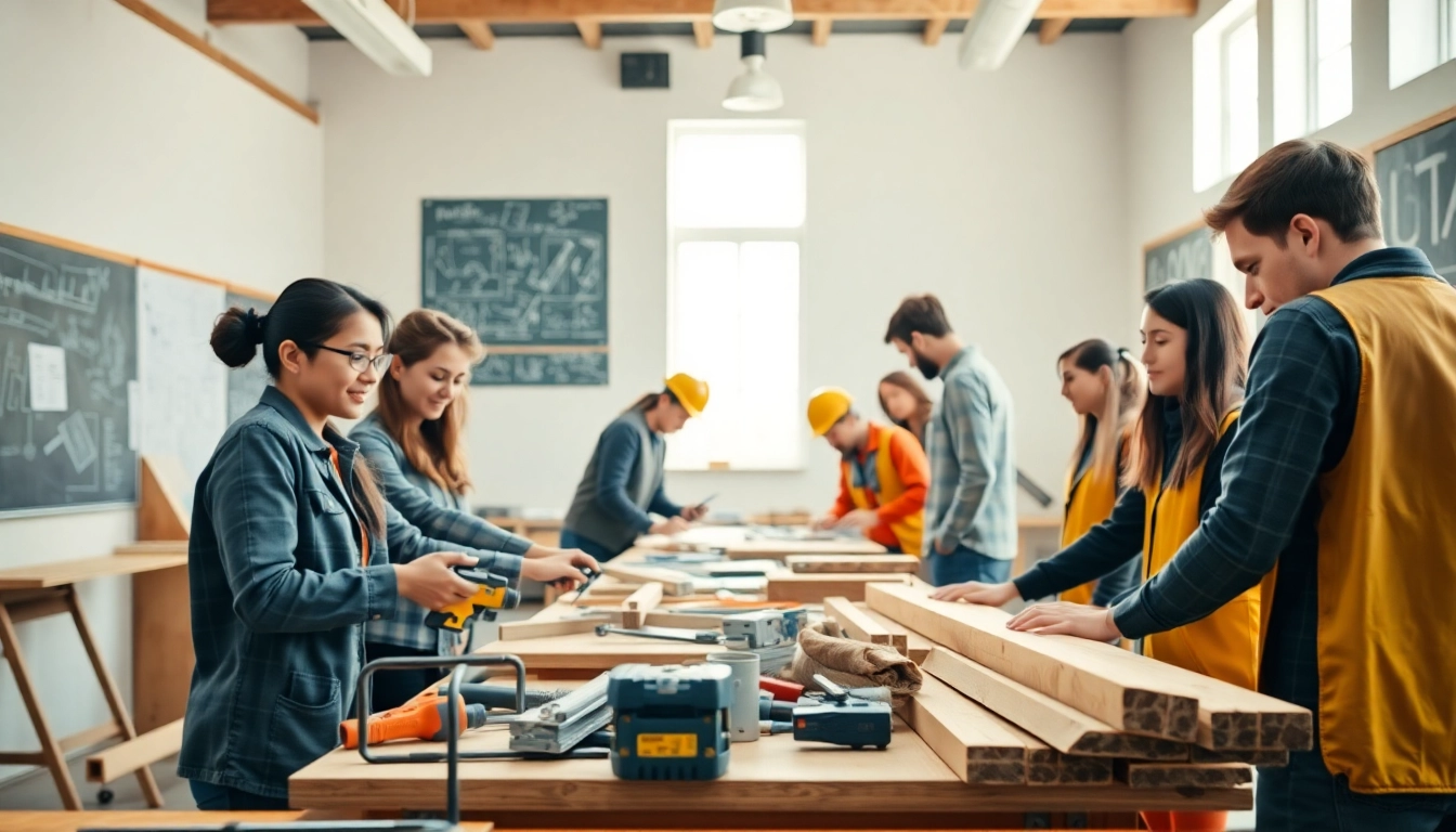Engaged students participating in construction classes, collaborating on hands-on projects.