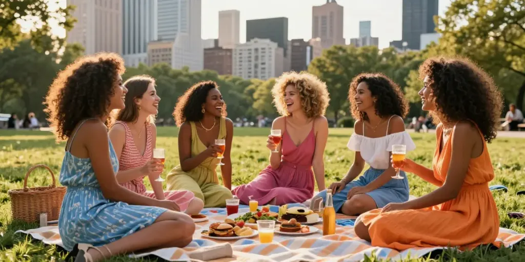 Women enjoying a vibrant picnic celebrating lesbian porn culture in a sunny park setting.