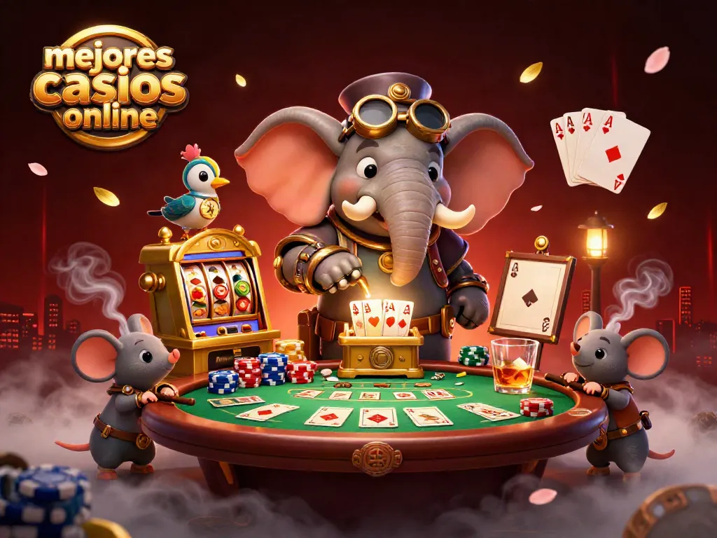 Mejores casinos online ilustrando un ingeniero elefante del steampunk jugando en una máquina tragamonedas dorada.