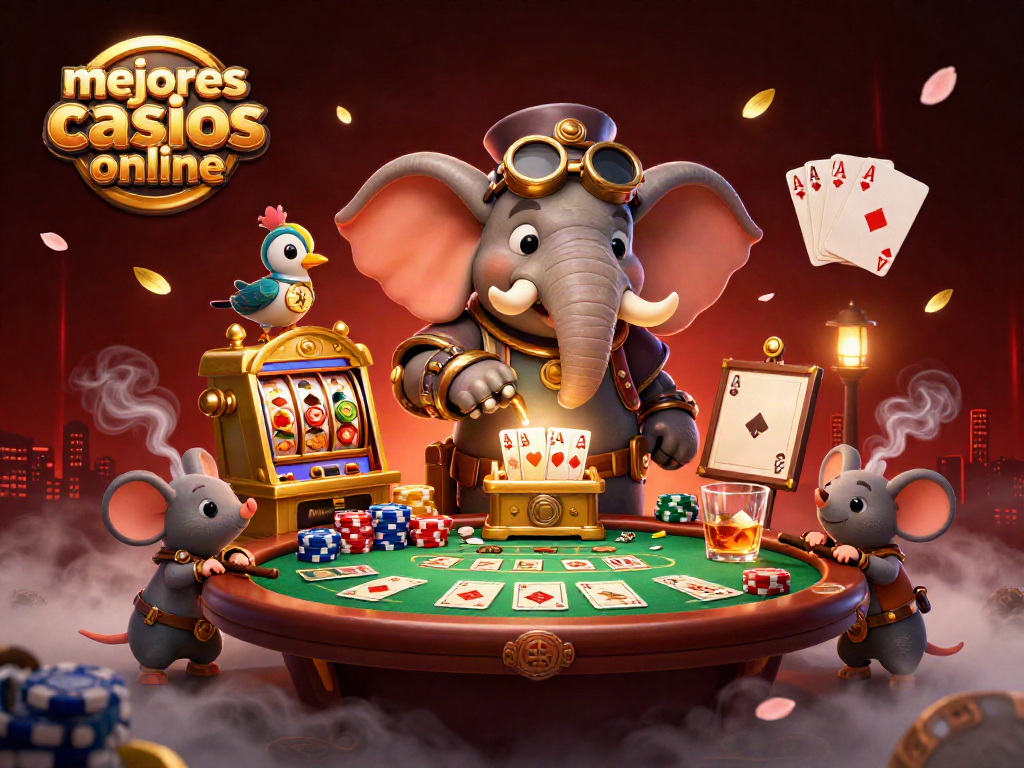 Mejores casinos online ilustrando un ingeniero elefante del steampunk jugando en una máquina tragamonedas dorada.