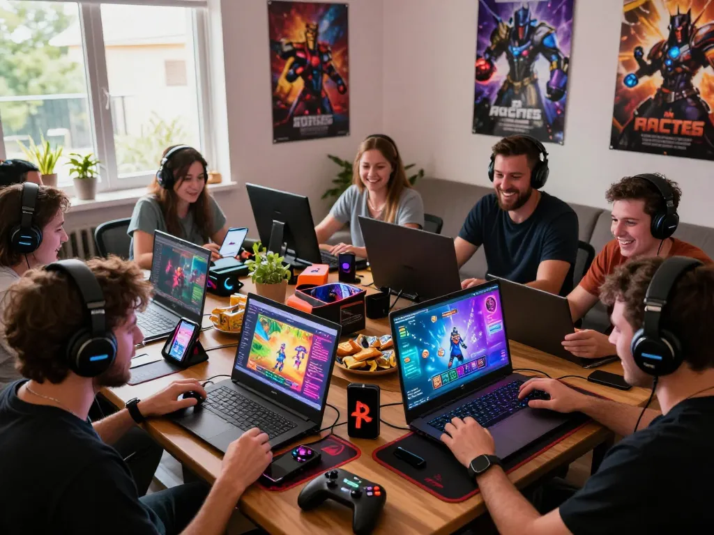 Players enjoying online porn games in a lively gaming hub with multiple devices.