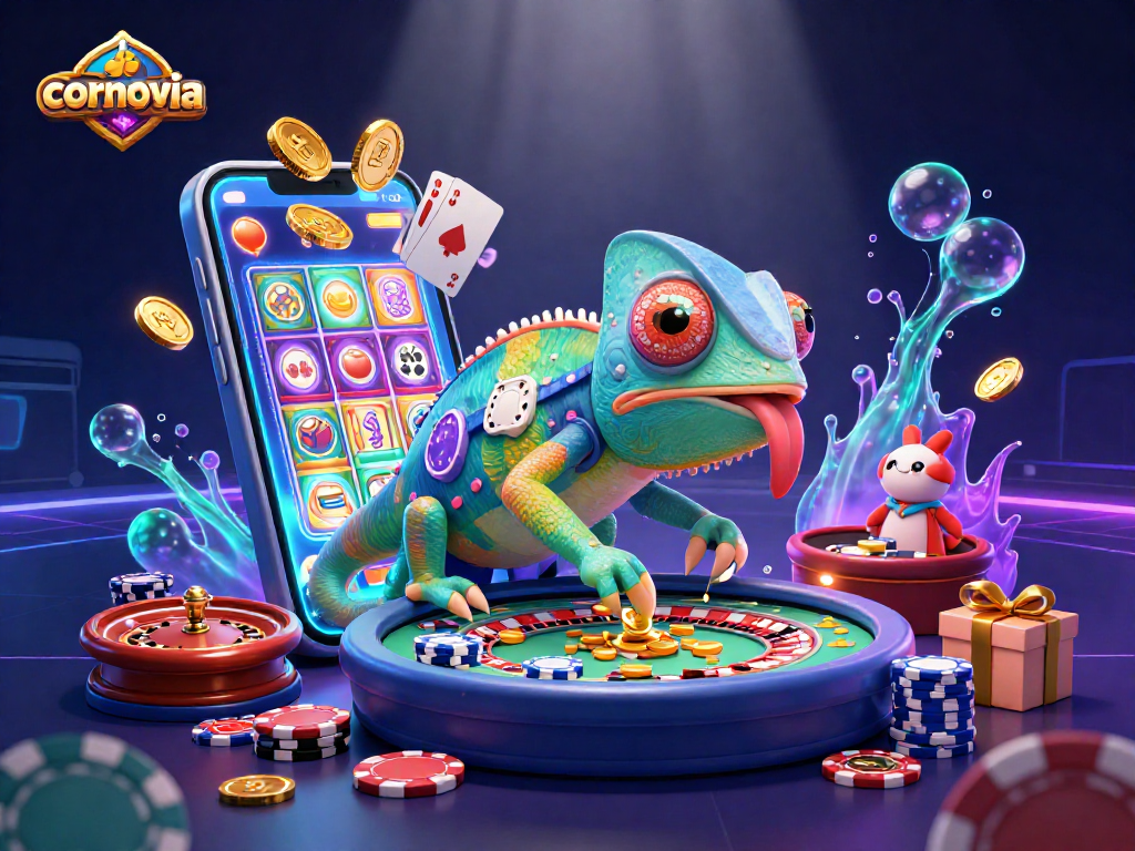 Cornovia showcases vibrant 3D illustration with a chameleon casino owner and dynamic gaming elements.