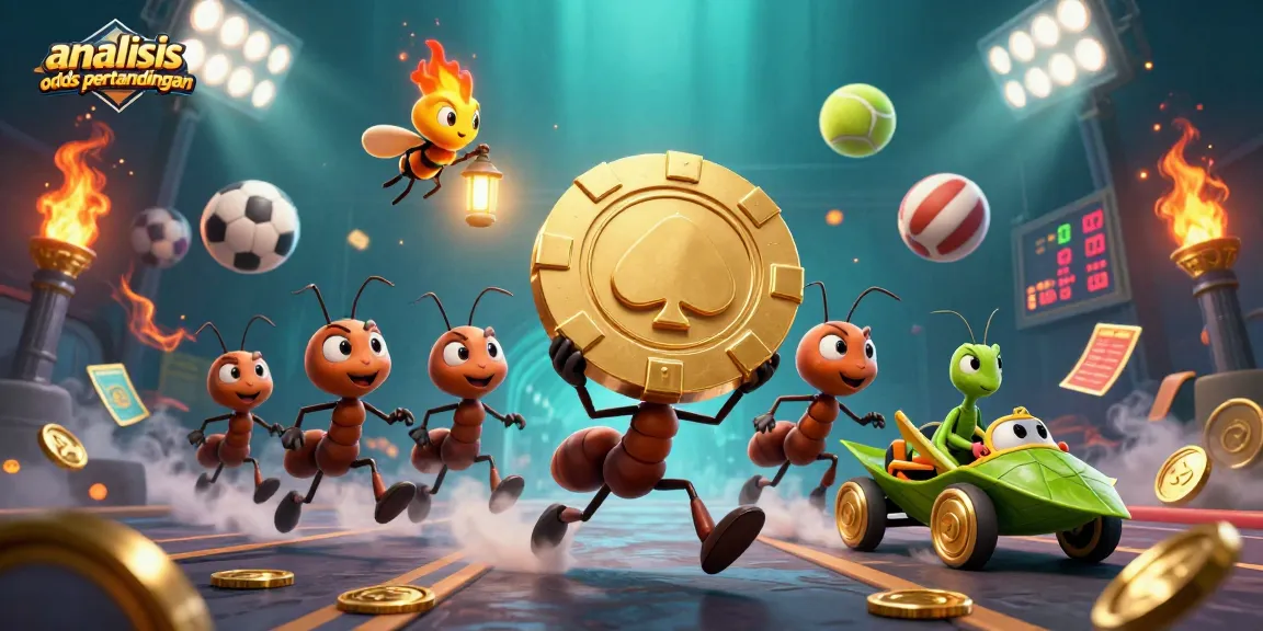 Engage in analysim odds pertandingan with a team of ants carrying a golden poker chip amid dynamic sports elements.
