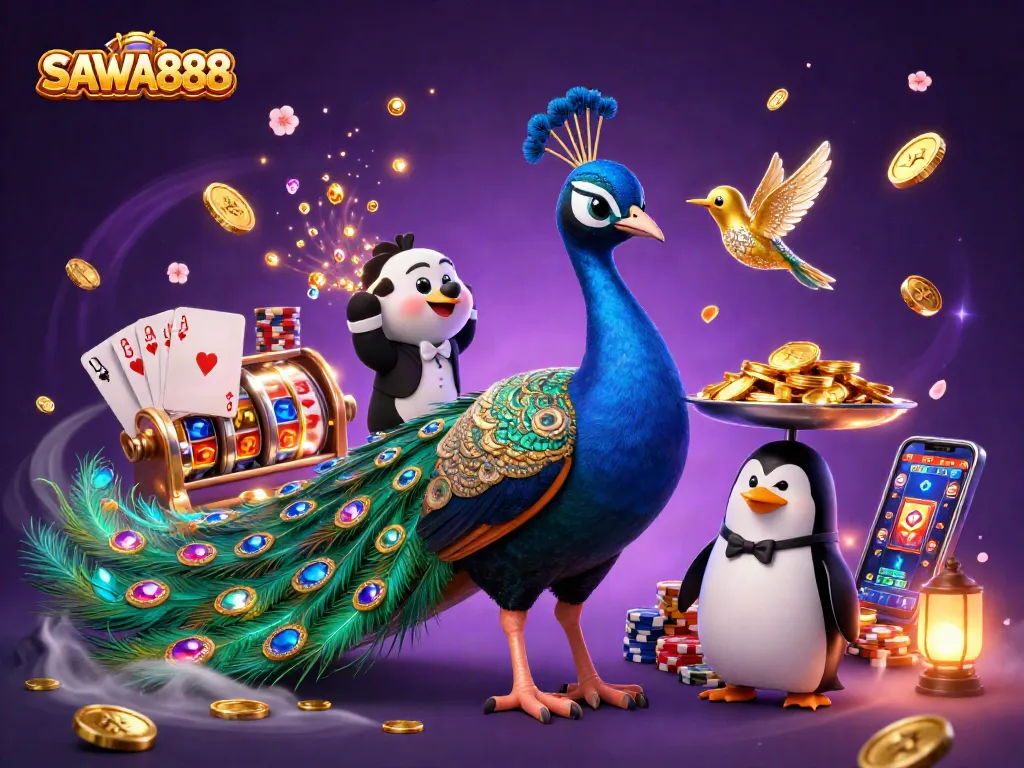 Engage with SAWA888's dynamic slots experience through vibrant characters and casino elements.